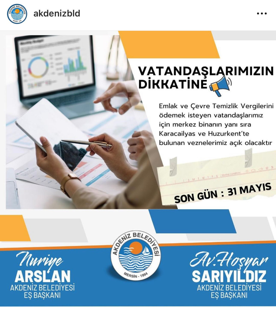 AKDENİZ BELEDİYESİ  EŞ BAŞKAN SARIYILDIZ’DAN VATANDAŞLARA VERGİ ÇAĞRISI