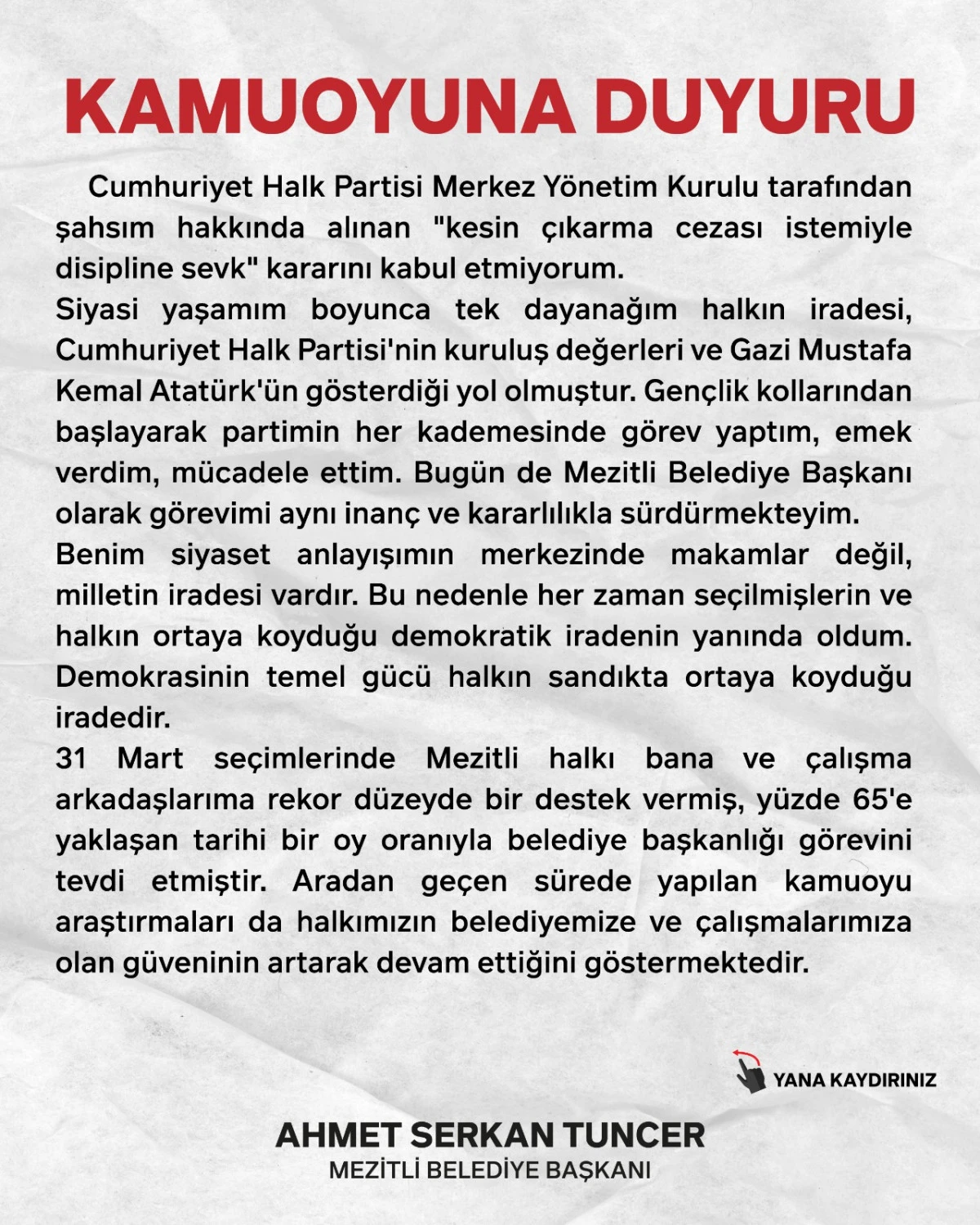 CHP&rsquo;Lİ MEZİTLİ BELEDİYE BAŞKANI TUNCER DİSİPLİNE SEVK EDİLDİ