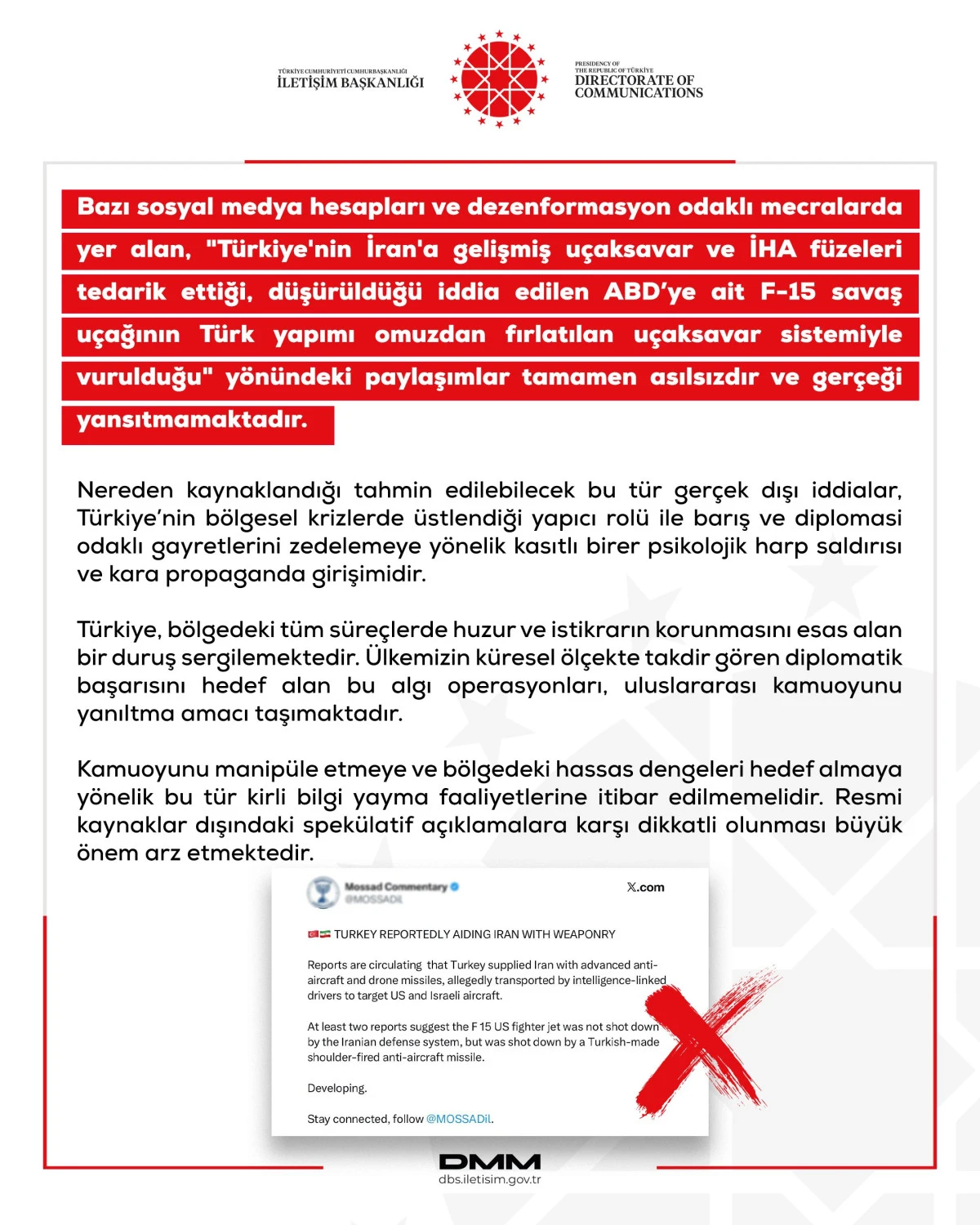 DEZENFORMASYONLA M&Uuml;CADELE MERKEZİ: T&Uuml;RKİYE&rsquo;NİN İRAN&rsquo;A SİLAH TEDARİK ETTİĞİ İDDİASI ASILSIZ