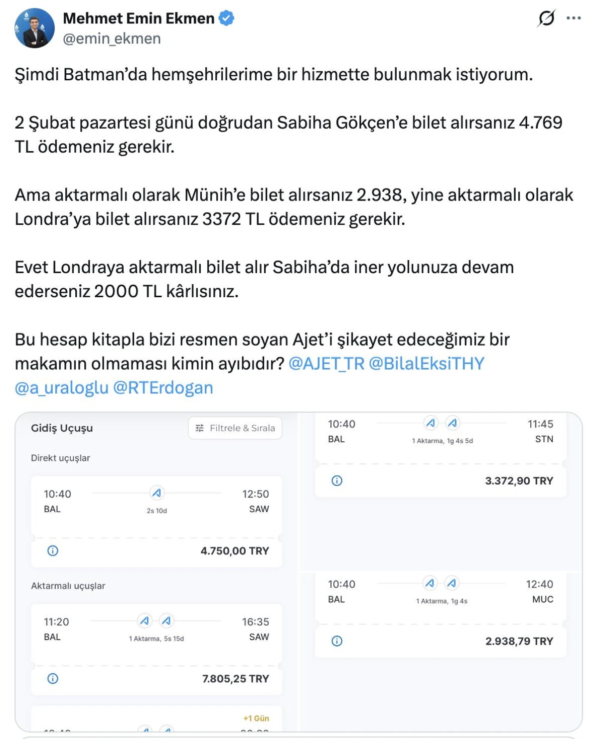 EKMEN&rsquo;DEN U&Ccedil;AK BİLET FİYATLARINA ELEŞTİRİ