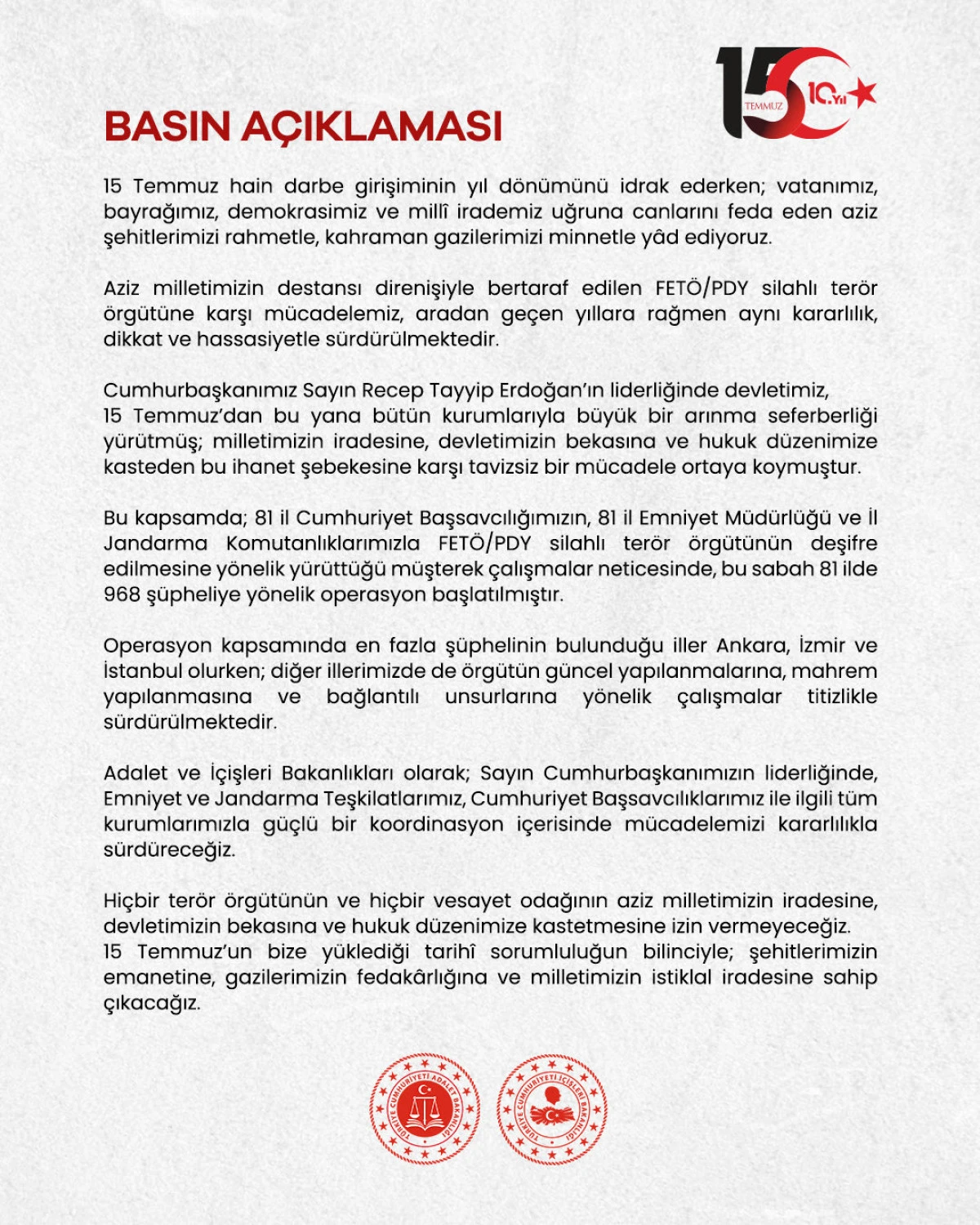 FET&Ouml;/PDY&rsquo;NIN MAHREM YAPILANMASINA Y&Ouml;NELIK 968 Ş&Uuml;PHELIYI KAPSAYAN OPERASYON