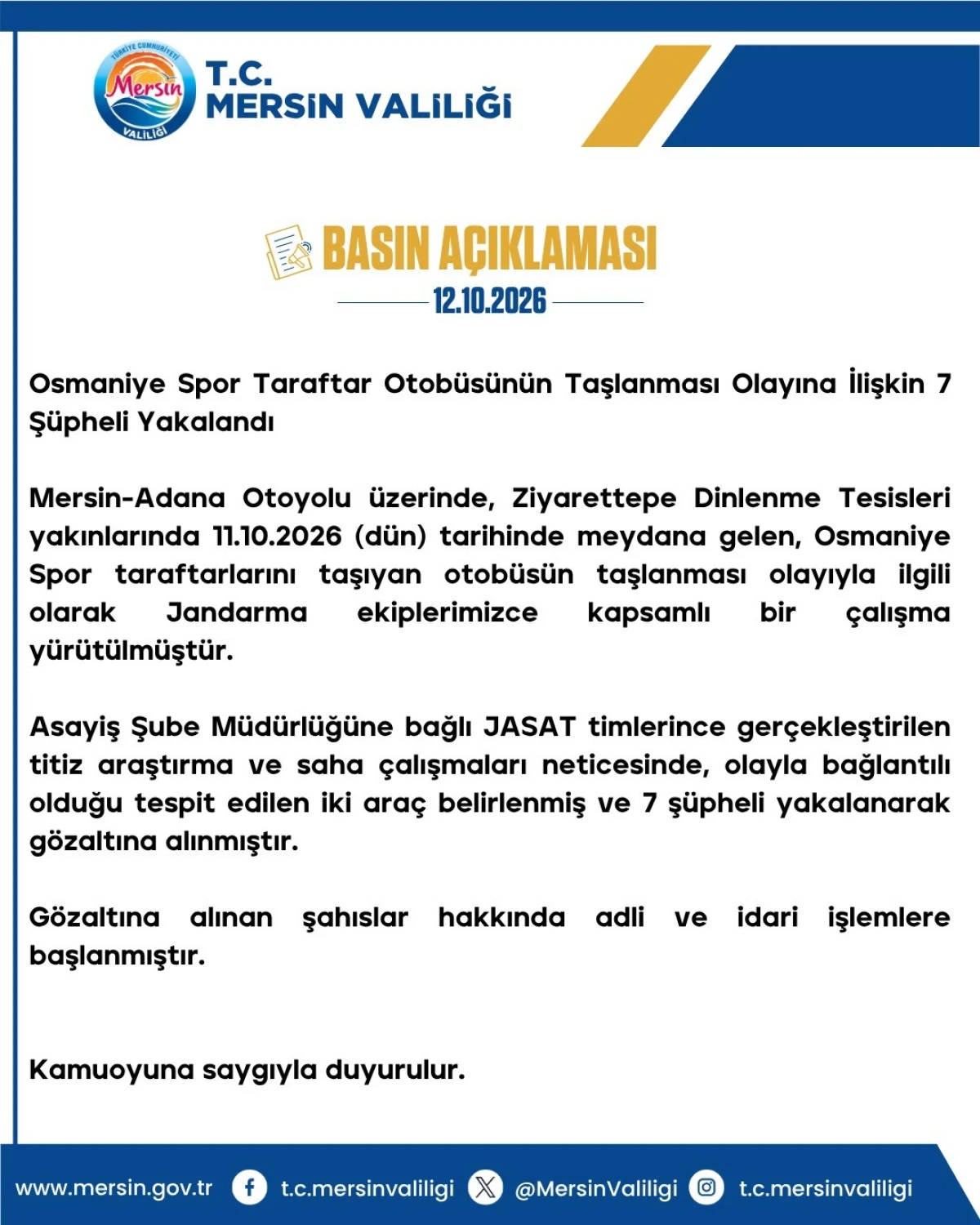 MERSİN VALİLİĞİNDEN İKİ A&Ccedil;IKLAMA!