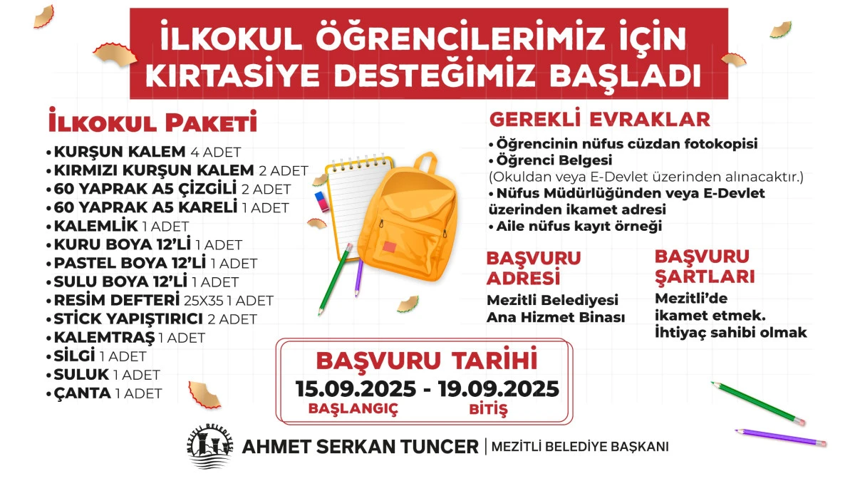 MEZİTLİ BELEDİYESİ’NDEN ÖĞRENCİLERE KIRTASİYE DESTEĞİ BAŞVURULARI BAŞLADI