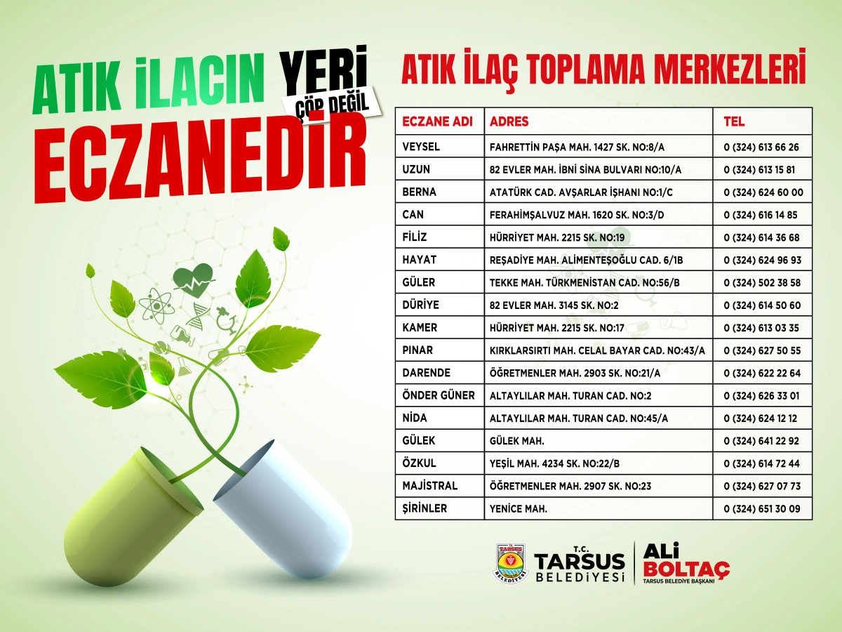 TARSUS&rsquo;TA ATIK İLA&Ccedil;LAR ARTIK ECZANELERDE TOPLANACAK