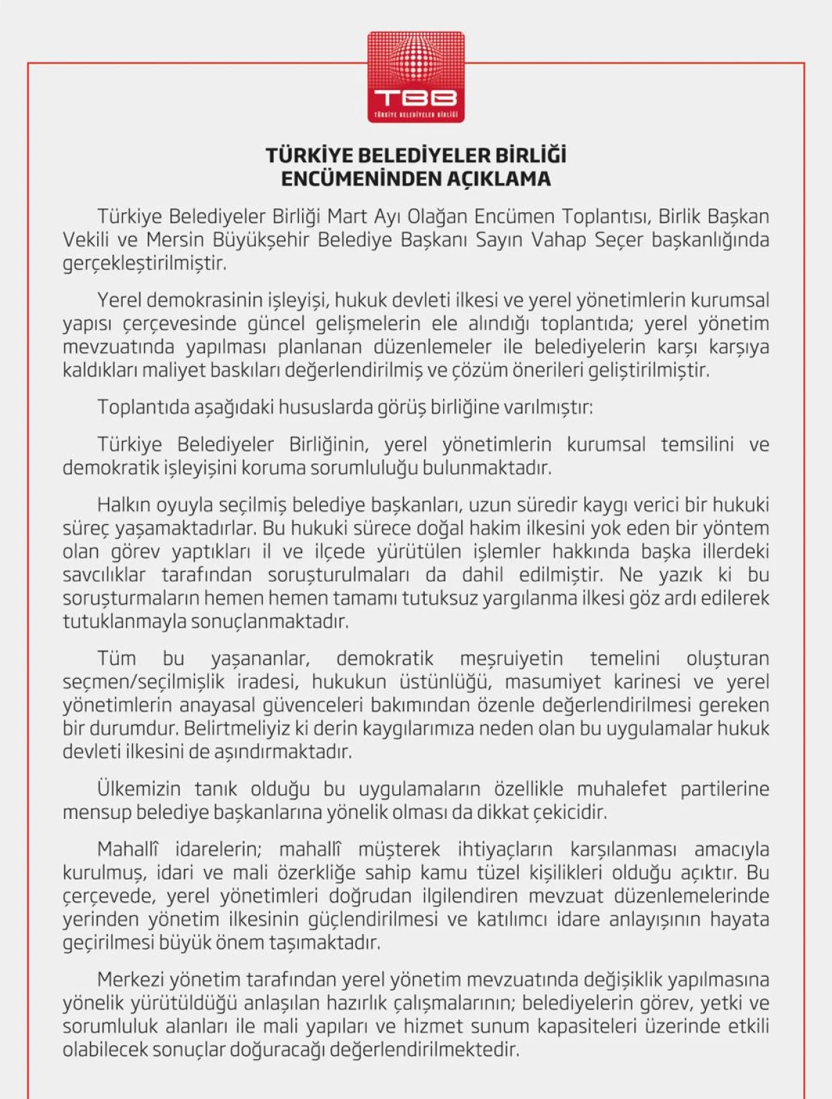 T&Uuml;RKİYE BELEDİYELER BİRLİĞİ ENC&Uuml;MENİ&rsquo;NDEN A&Ccedil;IKLAMA