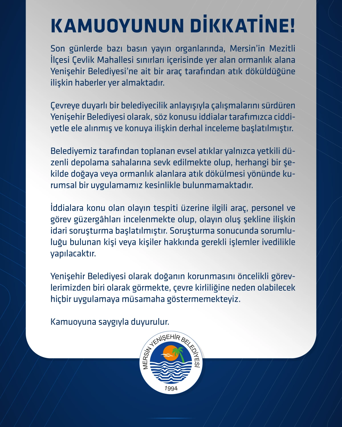 YENİŞEHİR BELEDİYESİ&rsquo;NDEN &lsquo;ORMANLIK ALANA ATIK D&Ouml;K&Uuml;LD&Uuml;&rsquo; İDDİALARINA A&Ccedil;IKLAMA