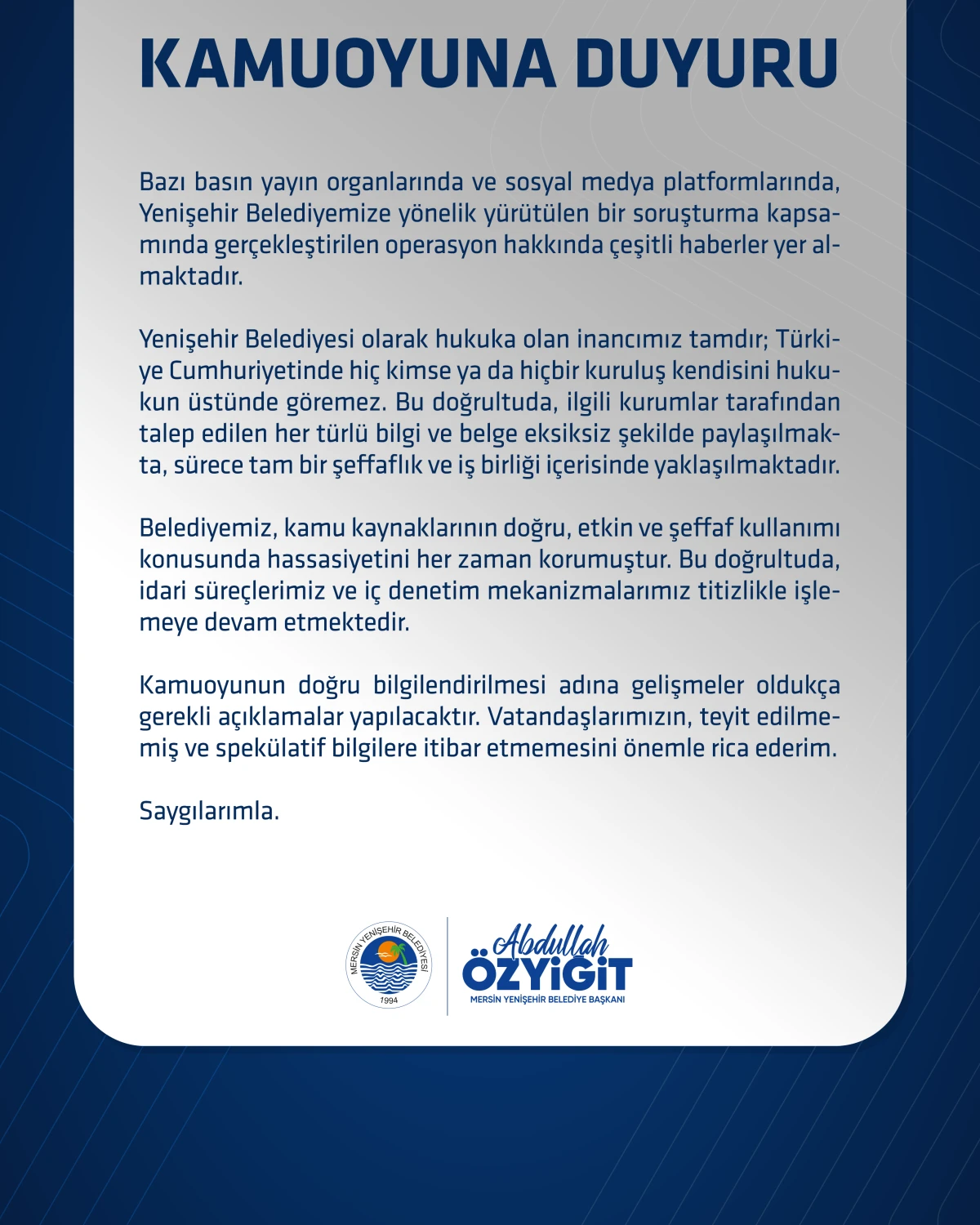 YENİŞEHİR BELEDİYESİ&rsquo;NDEN SORUŞTURMA A&Ccedil;IKLAMASI